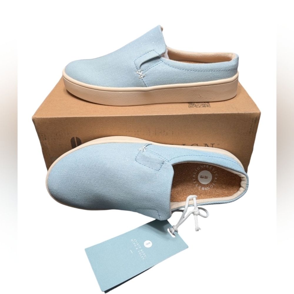 Waco Revitalign Orthotic Light Blue Denim Shimmer Slip-On Mule Sneakers Size 6.5